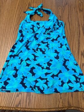 Lands’ End Women’s Tankini Top L 14–16 Blue Tropical Floral Halter Swim Top NWT
